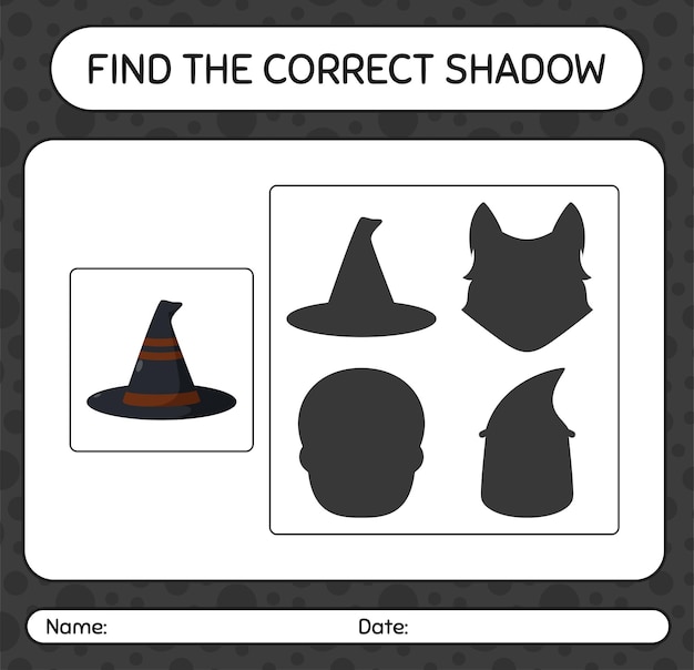 魔女の帽子で正しい影のゲームを見つけてください。就学前の子供のためのワークシート、子供の活動シート