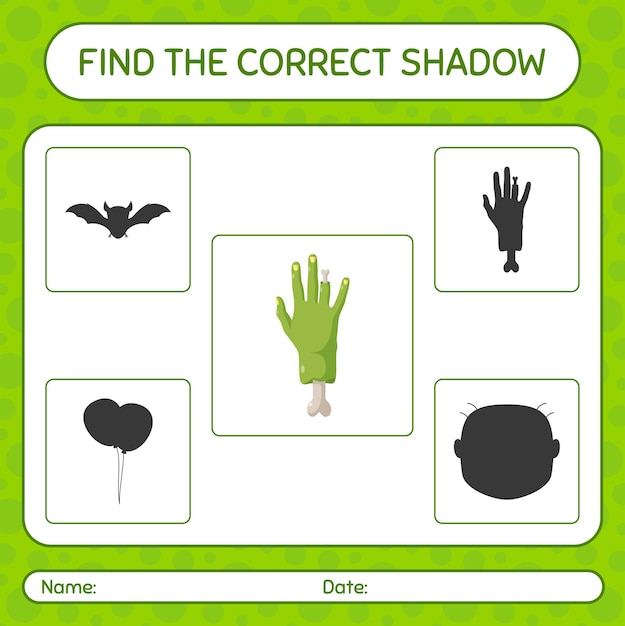 ゾンビの手で正しい影のゲームを見つけてください。就学前の子供のためのワークシート、子供の活動シート