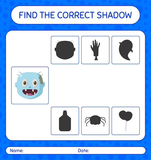 ゾンビと一緒に正しい影のゲームを見つけてください。就学前の子供のためのワークシート、子供の活動シート