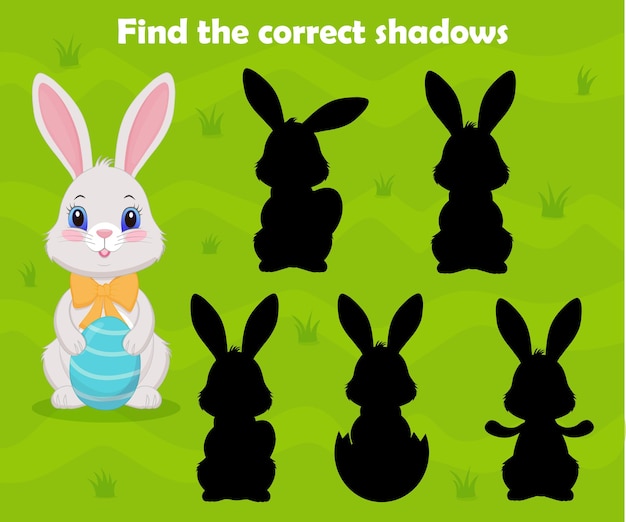 벡터 귀여운 부활절 토끼의 올바른 그림자를 찾으십시오 아이들을 위한 논리 퍼즐 올바른 실루을 찾으십시오