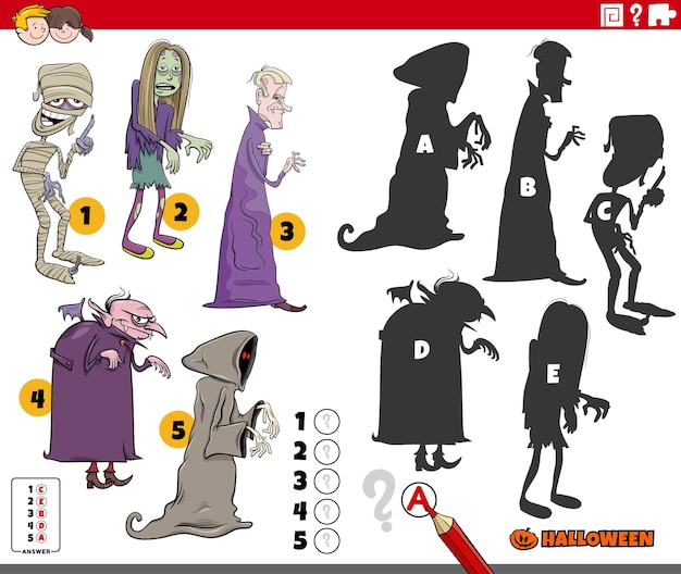 Вектор Найти правильную игру теней для детей с жуткими персонажами хэллоуина