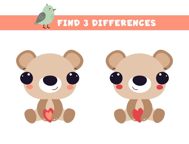 Vector find three differences between two pictures bear isolated on a white background