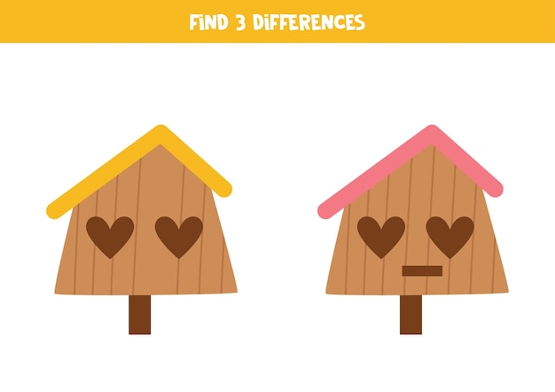 Find three differences between two pictures of birdhouses