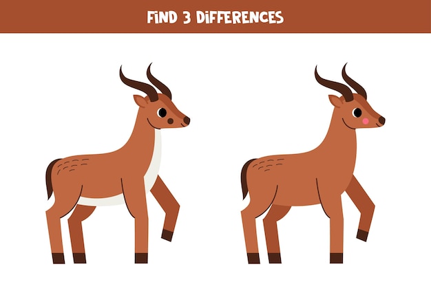 Find three differences between two pictures of cute brown antelope Educational worksheet