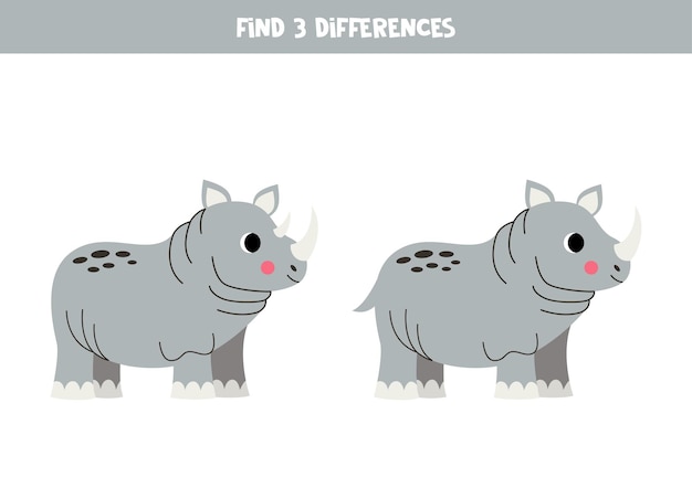 Find three differences between two pictures of cute rhinoceroses Educational worksheet