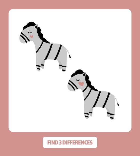 Find three differences Zebra in cartoon style