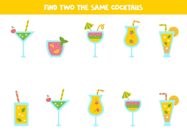 Find two identical colorful cocktails. Educational game for preschool children.