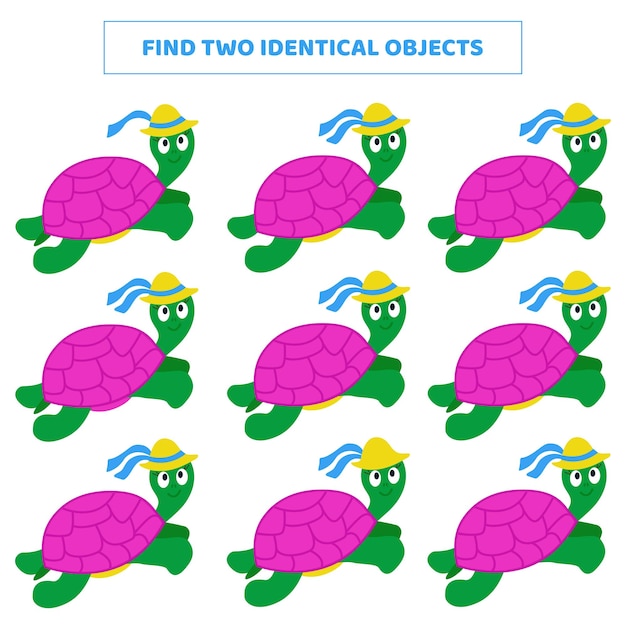 Find two identical objects Matching game with cartoon turtle