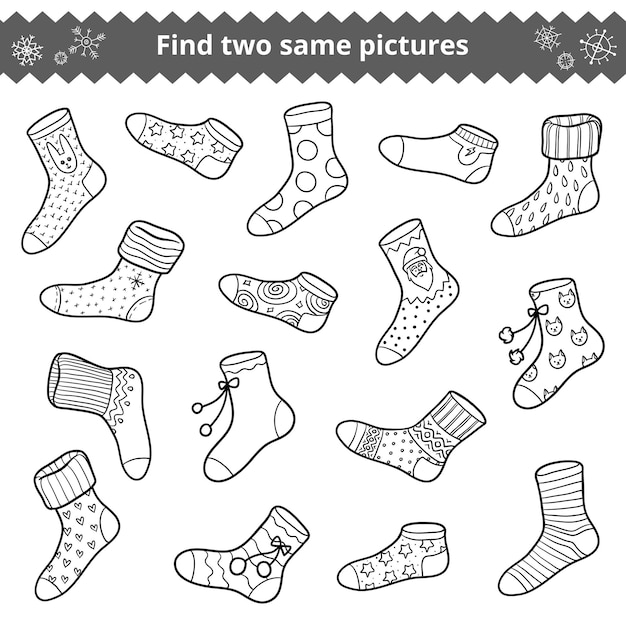 Find two identical pictures, education game for children, vector set of socks