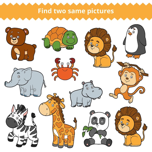 Find two identical pictures, education game for children, vector set of zoo animals