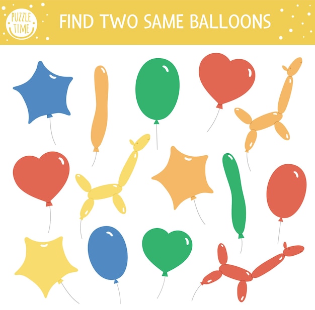 Find two same balloons. Holiday matching activity for children. Funny educational Birthday party logical quiz worksheet for kids. Simple printable celebration game with cute objects