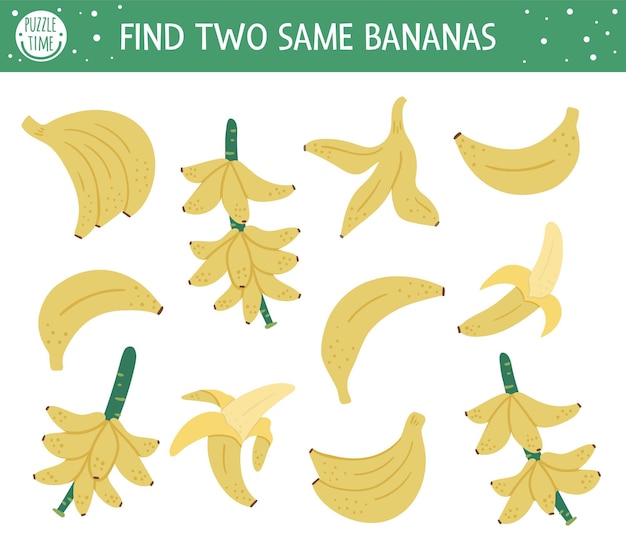 Trova due stesse banane. attività di abbinamento tropicale per bambini in età prescolare con graziosi frutti tropicali. divertente puzzle della giungla per bambini. foglio di lavoro del quiz logico.