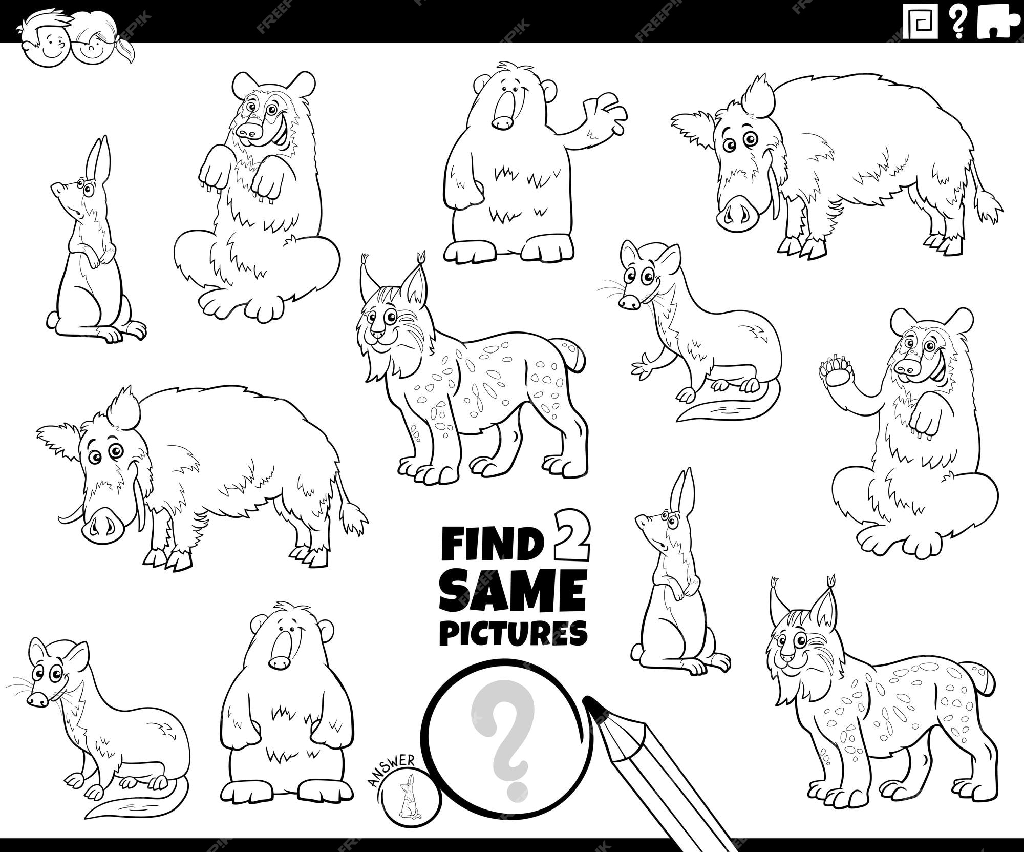 Premium Vector | Find two same cartoon animals game coloring page