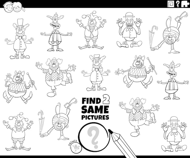 Find two same cartoon clowns task coloring page