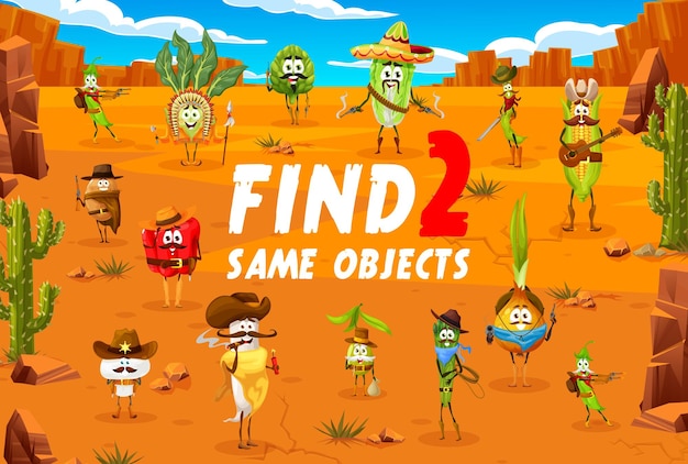 Find two same cartoon cowboy vegetable characters