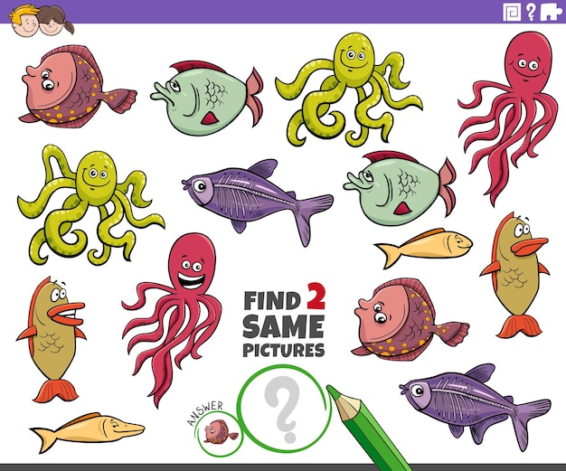 find two same cartoon marine animals educational game