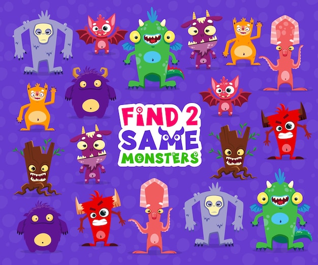 Find two same cartoon monster characters kids game