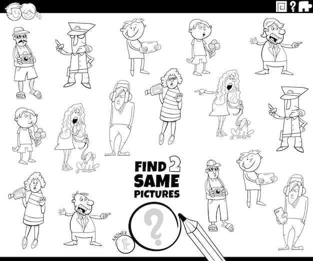 Vector find two same cartoon person game coloring page