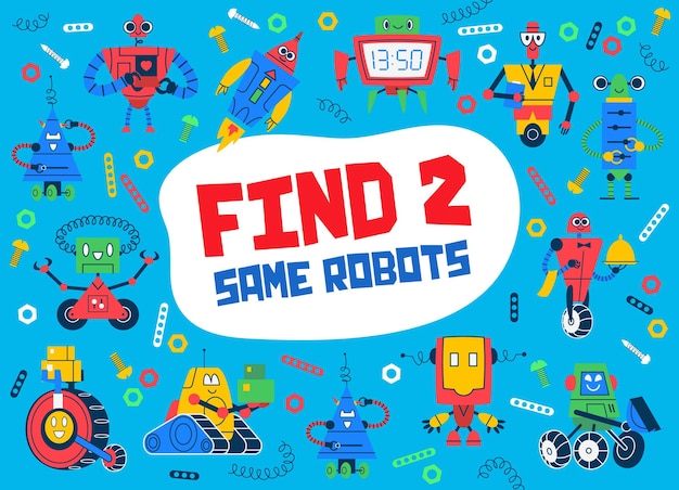 Vettore trova due stessi giochi a quiz per bambini con robot dei cartoni animati