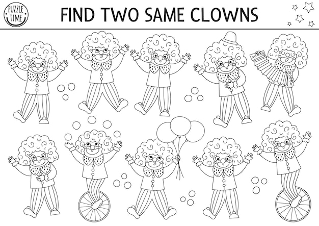 Find two same clowns Circus black and white matching activity for children