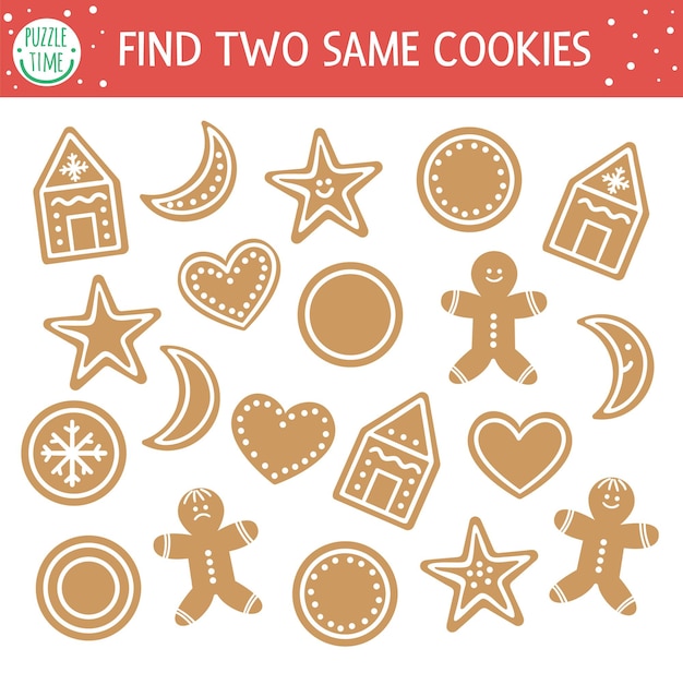 Найдите два одинаковых файла cookie. рождественские мероприятия для детей. веселая обучающая зимняя логическая викторина для детей. простая распечатанная новогодняя игра с пряниками