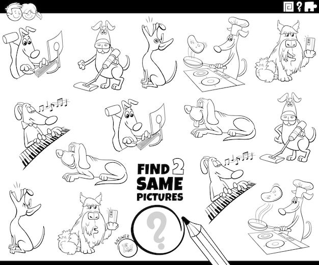 Find two same dog characters task coloring book page