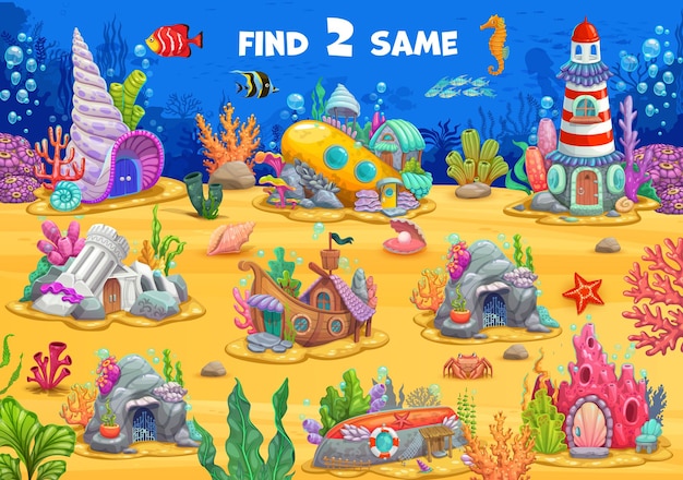 Find two same fairytale underwater houses kid game