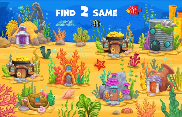 Find two same fairytale underwater houses in kids game worksheet vector puzzle quiz Find and match same pictures of ocean cartoon dwellings in corals vase pot or cauldron and undersea stone hut