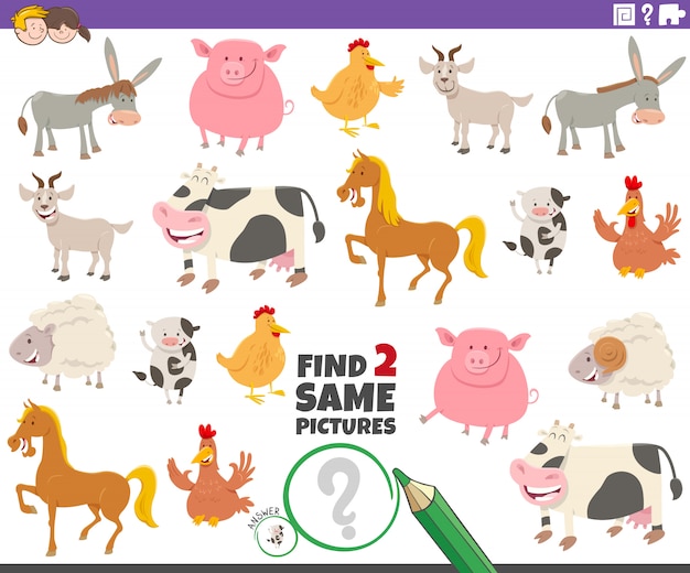 Find two same farm animals educational game for kids