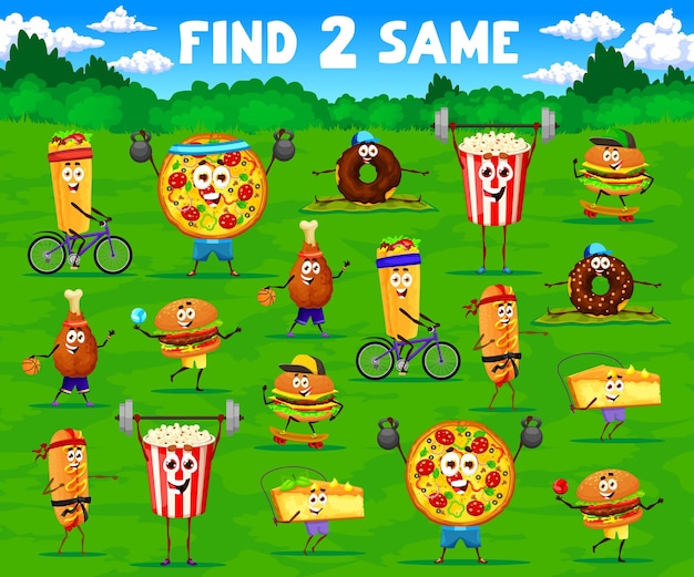Vector find two same funny fast food characters game