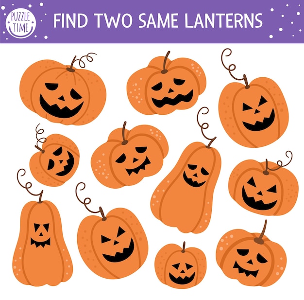 Trova due lanterne uguali. attività di abbinamento di halloween per bambini. divertente foglio di lavoro educativo quiz logico autunnale per bambini. semplice gioco stampabile con lanterne di zucca spaventose