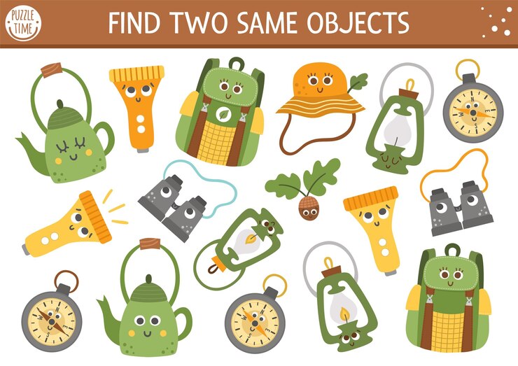 Vector find two same objects camping matching activity for children funny worksheet for kids with smiling kawaii backpack compass lantern simple printable game with cute summer camp equipmentxa