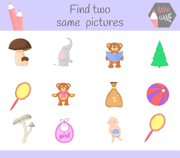 Find two same pictures. Cartoon Vector Illustration Educational Activity for Preschool Children.