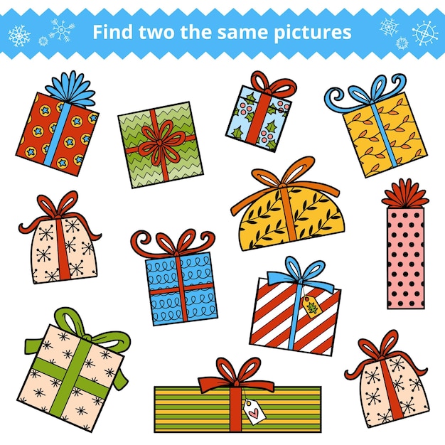 Find two the same pictures, education game for children. Color set of Christmas gifts