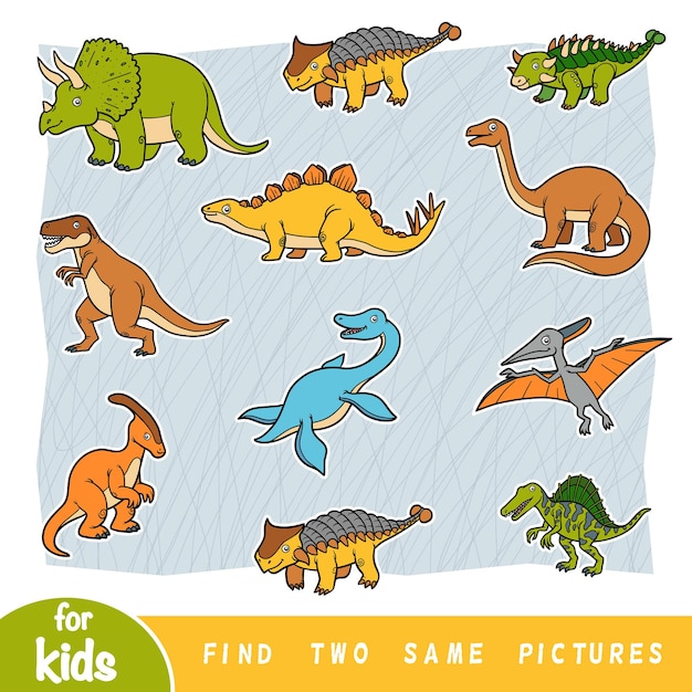 2つの同じ写真、子供向けの教育ゲームを見つけてください。カラフルな恐竜のセット