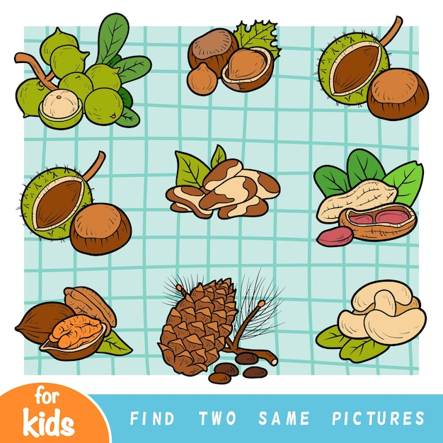 Find two the same pictures education game for children Colorful set of nuts