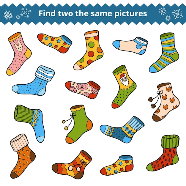 Trova due le stesse immagini, gioco educativo per bambini, set vettoriale di calzini