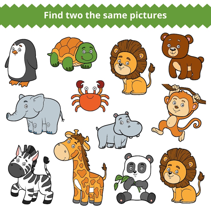 Vector find two the same pictures, education game for children, vector set of zoo animals