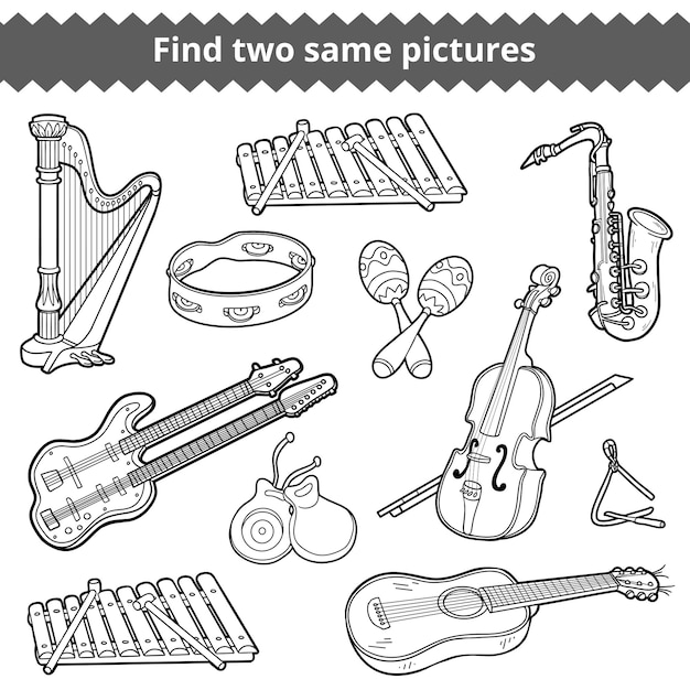 Найдите две одинаковые картинки, обучающая игра для детей. векторный черно-белый набор музыкальных инструментов.