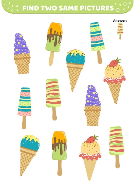 Vettore trova due stesse immagini gelato waffle cono stick gioco per bambini vettore di cartoni animati piatti