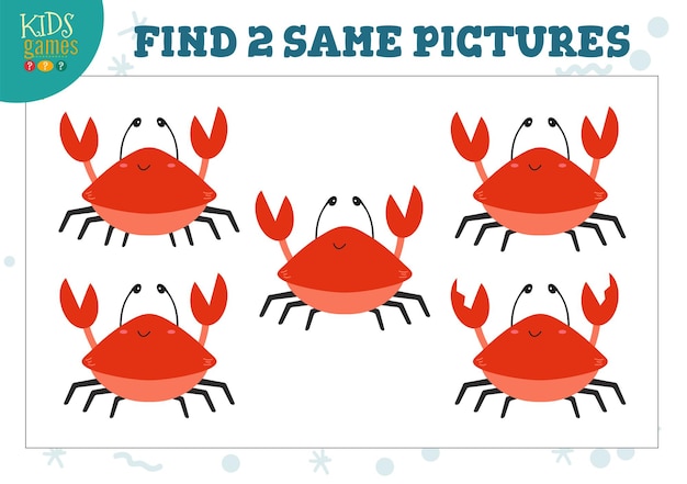 Vector find two same pictures kids game   illustration activity for preschool children with matching objects and finding 2 identical cartoon crab character