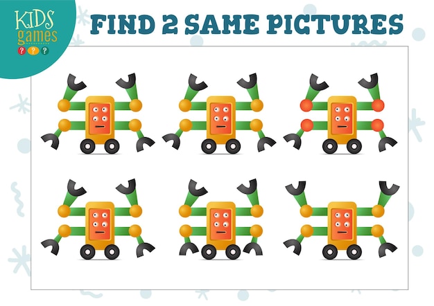Find two same pictures kids game vector illustration. Activity for preschool children with matching objects and finding 2 identical. Cartoon cute four hands robot