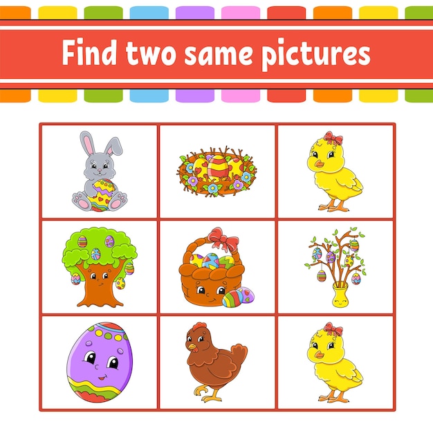 Find two same pictures Task for kids Education developing worksheet Easter theme