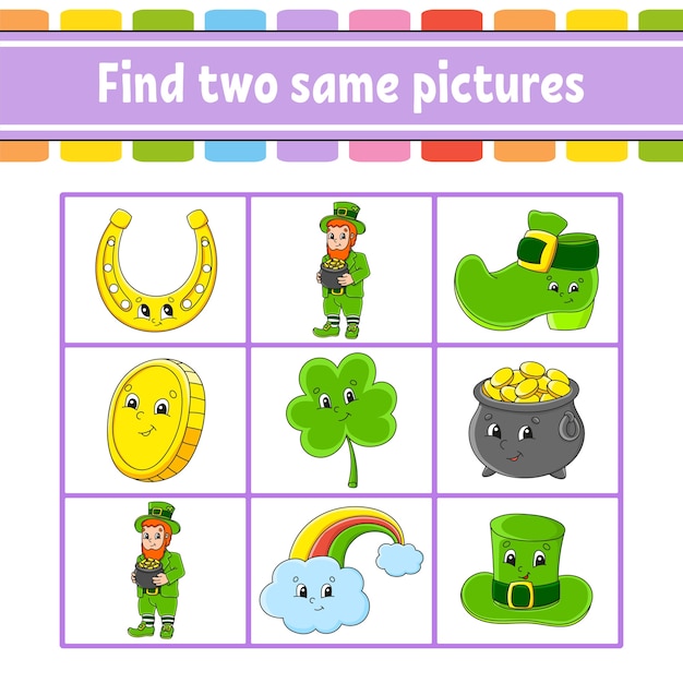 Find two same pictures. Task for kids. St. Patrick's day. Education developing worksheet.