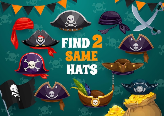 Find two same pirate tricorn cocked hats bandana