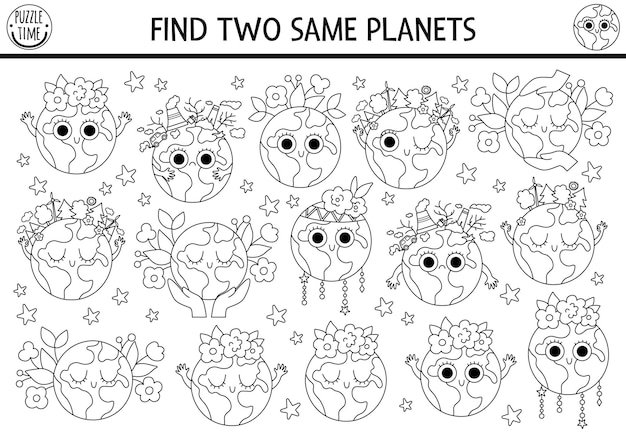 Find two same planets Ecological black and white matching activity for children Eco awareness educational quiz worksheet for kids for attention skills Earth day printable coloring page