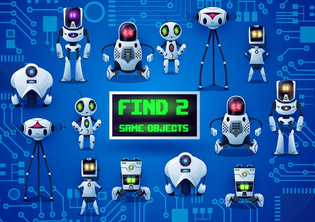 Vector find two same robots game cartoon droids riddle