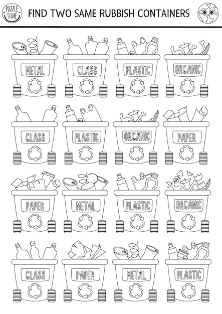 Find two same rubbish containers Ecological black and white matching activity for children Eco awareness educational line worksheet for kids Zero waste printable coloring page