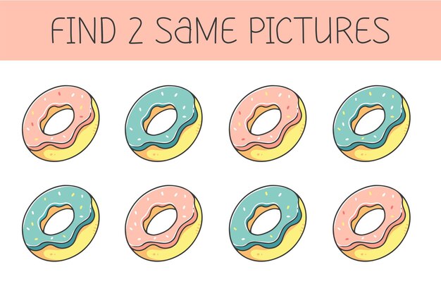 Find two some pictures is an educational game for kids with donut Cute cartoon donut