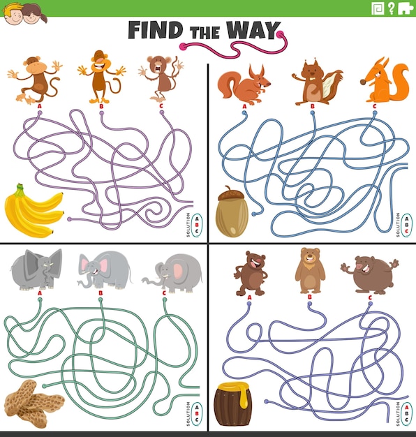 Find the way maze activities set with animal characters